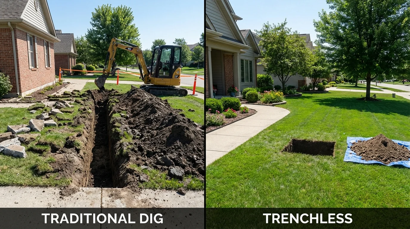 Trenchless sewer repair with minimal yard damage versus traditional excavation in Brandon, SD